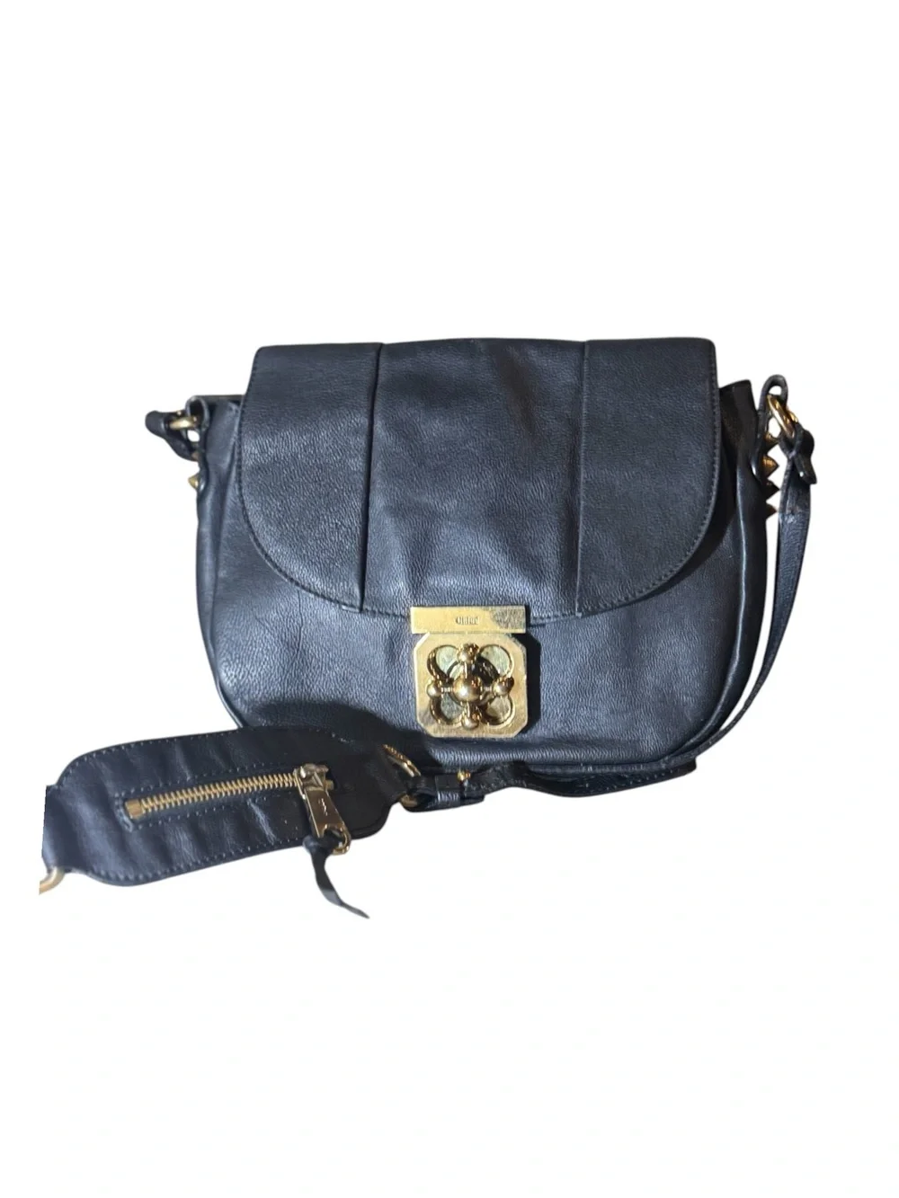 Chloe Black Leather Neo Folk Elsie Crossbody Bag